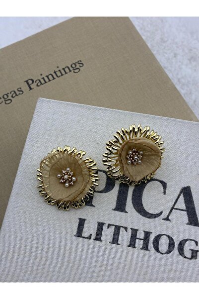 Hedef Bijuteri Special Series Gold Color Earrings with Mink Tulle and Pearl D...