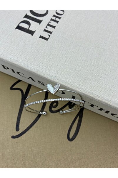 Hedef Bijuteri Silver Color Adjustable Two Row Heart Detailed Zircon Stone Br...