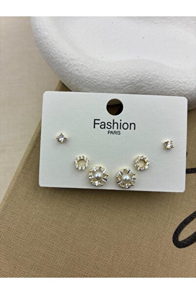 Hedef Bijuteri Zircon Stone Gold Color 6-Piece Round Pearl Model Earring Set