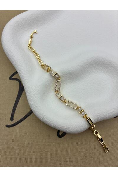 Hedef Bijuteri 14K Gold Renk Baget Zirkon Taşlı Dikdörtgen Model Bileklik CM39