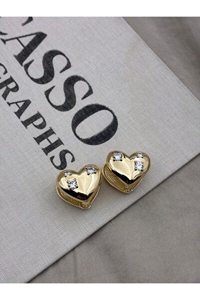 Hedef Bijuteri Zircon Stone Gold Color Three Stone Heart to Heart Model Earrings
