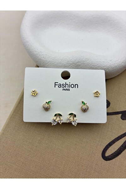 Hedef Bijuteri Zircon Stone Gold Color 6-Piece Cherry, Apple Model Earring Set