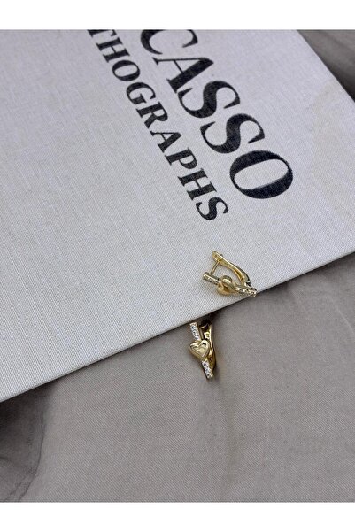Hedef Bijuteri Gold Color U Model Zircon Stone Heart Detailed Earrings Cm90
