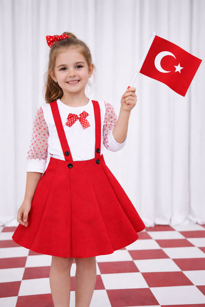 Momivi Kids Girl's Red Gilet Skirt and Polka Dot Tulle Sleeve T-Shirt Set 23 ...