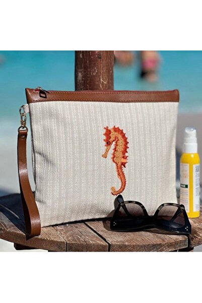 Marnier Deniz Atı Nakış Işlemeli Ham Keten El Çantası