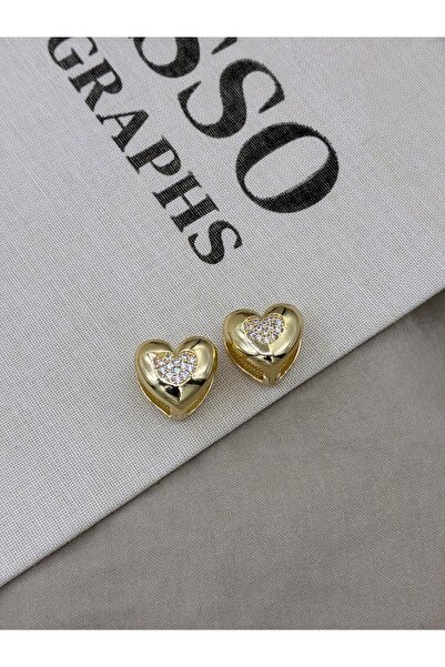 Hedef Bijuteri Zircon Stone Gold Color over Heart Embroidered Heart Model Ear...