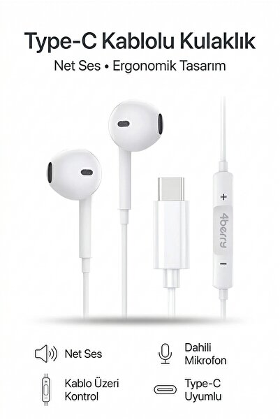 4 Berry PS01 Type-C Kablolu Kulak İçi Kulaklık Mikrofonlu Ses Kontrollü Ios A...