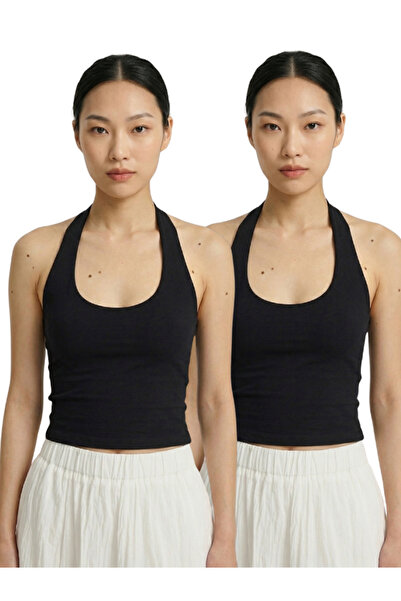 OLİZZA Γυναικεία μαύρη μπλούζα διπλής στρώσης από βαμβάκι, που αγκαλιάζει το ...