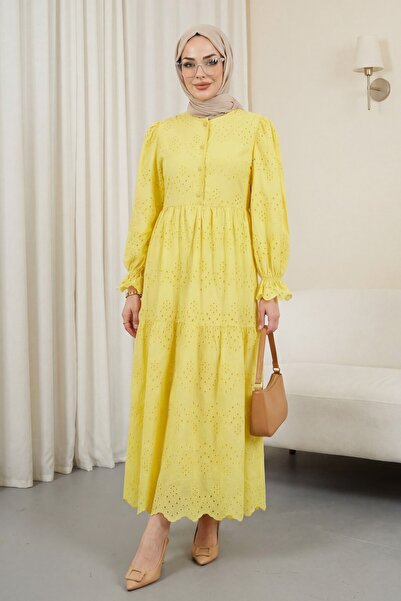 Modamorfo Half-Buttoned Lace Detailed Robadan Dress - Yellow