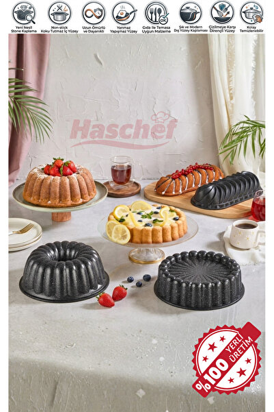 HASCHEF Safir Döküm Yanmaz Yapışmaz Granit Kaplama Üçlü Kek Kalıbı