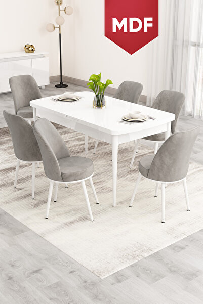 Canisa Nix Serisi Açılabilir 70x114 MDF Beyaz Mutfak Masası Takımı Ve 6 Gri S...