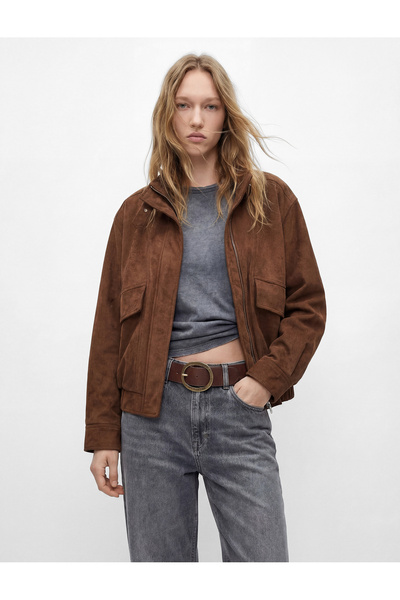 Koton Long Sleeve Zippered Stand Collar Suede Look Jacket with Pocket Detail