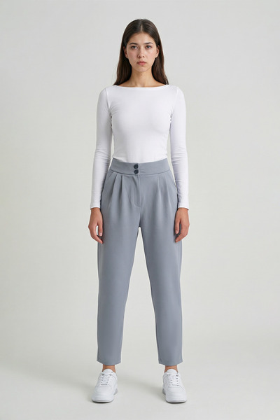 MODASPARK Gray High Waist Double Buttoned Pocket Carrot Cut Pleated Women's T...