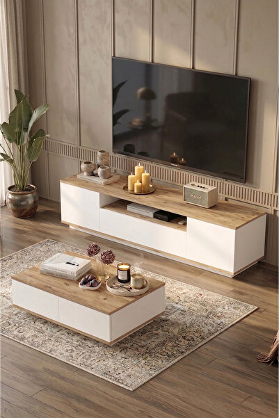 Yurudesign Future Tv Ünitesi Orta Sehpa 2'li Set Çam-beyaz Fr17-aw