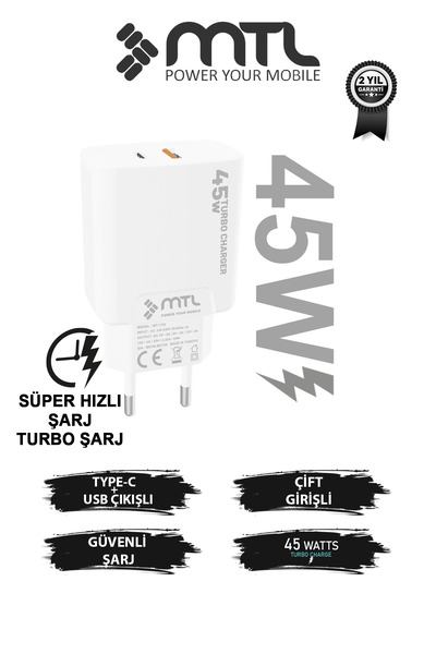 45W Turbo Charger Dual Output Type-C + USB Adapter Super Fast Charging Head MT1755