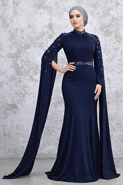 Neva Style Pelerinli Lacivert Tesettür Abiye Elbise 4863L