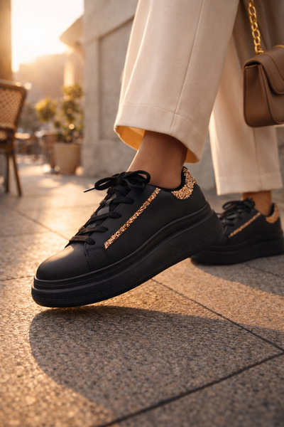 Shine Black Women's Sneaker Gold Detailed Thick Sole Premium Casual Shoes Comfortable Walking Shoes