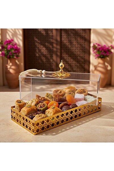 B&D Acrylic Square Decorative Storage Box with Gold Accent, Clear and Gold, S...