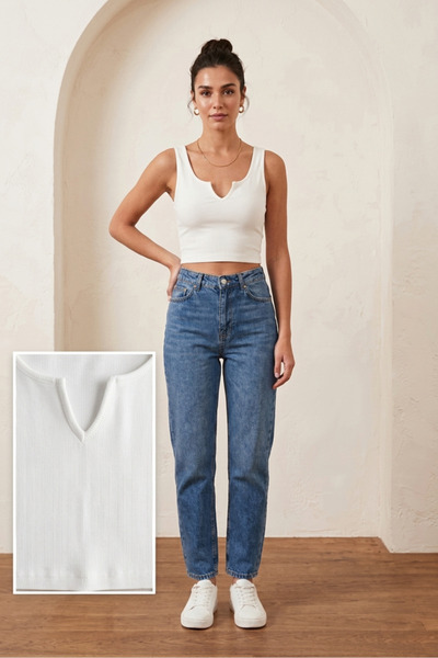 Mrey White Women's Thick Strapped Basic Crop Body Collar Detailed Ribbed T-Shirt