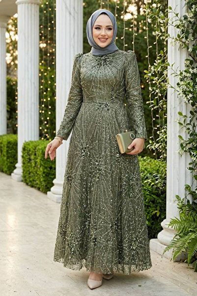 N.S NEVA STYLE Rochie de seară kaki brodată cu mărgele 50461HK