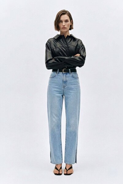 Bluewhite Women's High Waist Wide Leg Detailed Ice Blue Jean Trousers