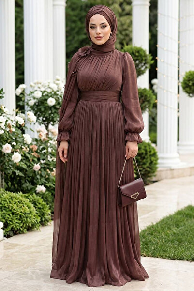 N.S NEVA STYLE Φόρεμα βραδινό φόρεμα με λάμψη καφέ χιτζάμπ 5394KH