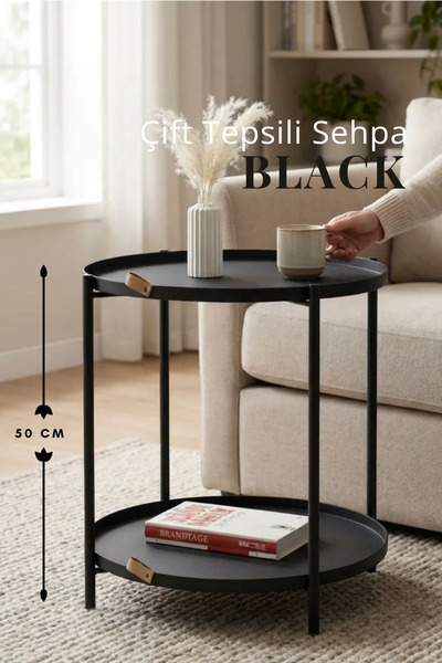 hemlife Çift Tepsili Katlanır Orta Yan Yuvarlak Sehpa Metal - Modern Sehpa 50...