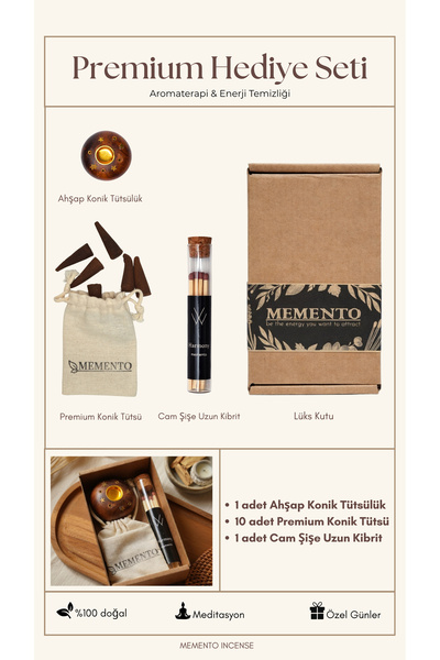 memyap Premium Hediye Seti - Ahşap Konik Tütsülük + Konik Tütsü + Cam Şişe Uzun Kibrit- Boho Serisi