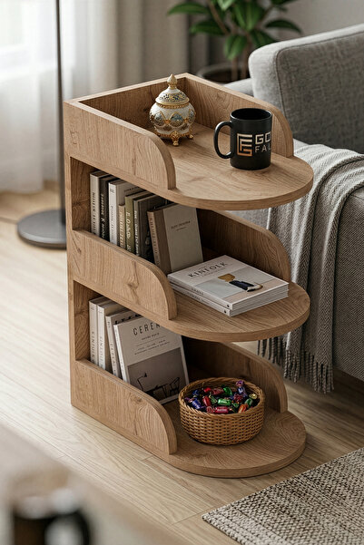 GOLDFALEZ Yan Sehpa Modern 3 Katlı Kitaplıklı Çok Amaçlı Dekoratif Sehpa Mini...