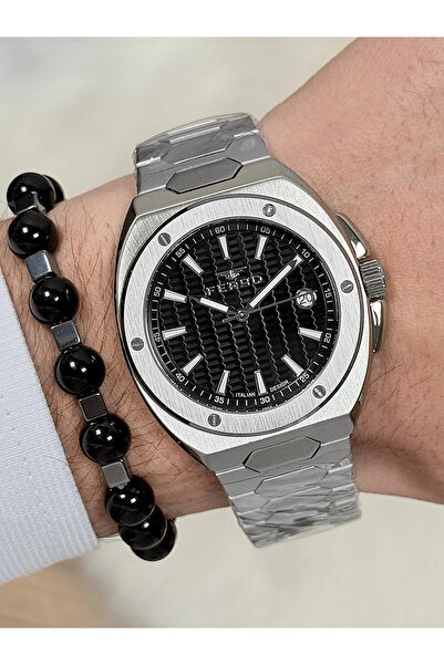 FERRO ساعة يد رجالية بسوار فضي من الفولاذ FM40160A-A2 جميع الوظائف نشطة 3 ATM...