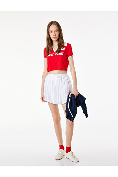 Koton Short Sleeve Printed Cotton Polo Collar Crop T-Shirt