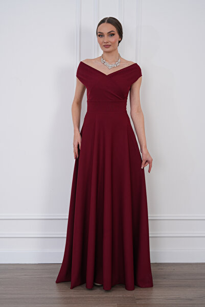 MAG FASHİON Φόρεμα με λαιμόκοψη Kayık διπλό πέτο με ανοιχτούς ώμους Υφαντό Ρε...