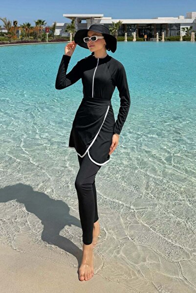 Hazamoda Biye Detaylı Tesettür 3'lü Mayo Siyah