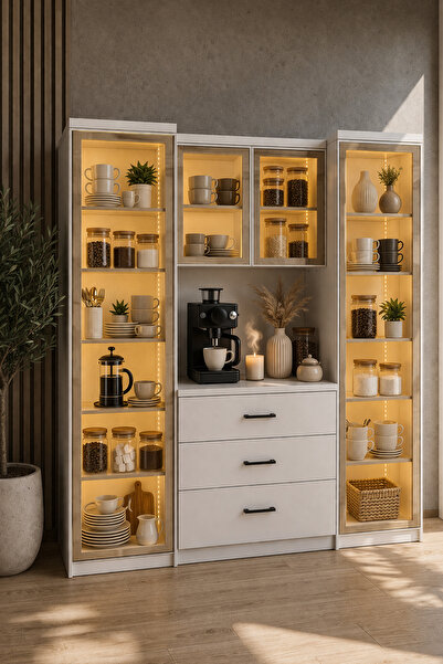 Setay Vitrinli Ünite, Liveo Kahve Köşesi + Çok Amaçlı Raflı İki Kapaklı Dolap...