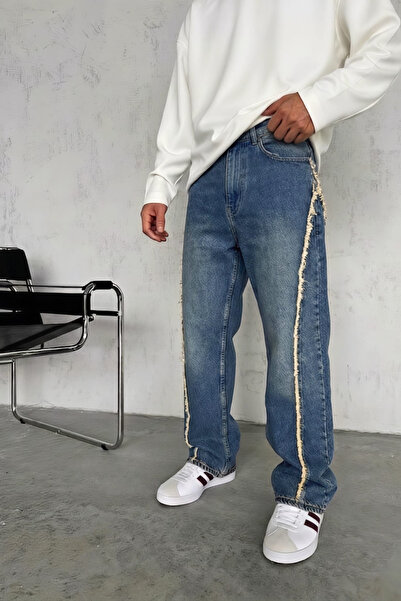 Wonraces Men's Blue Baggy Washed Stripe Detailed Design Premium Denim Trousers