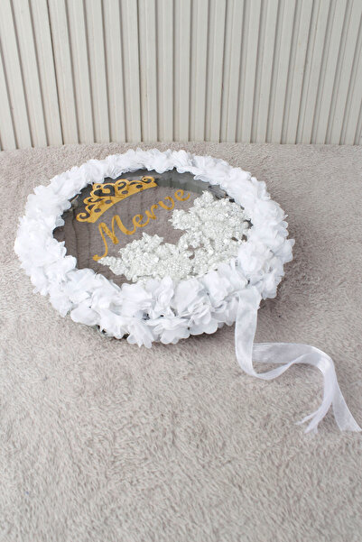 Mortex Beyaz Vip Aplik ve Çiçek Süsleme LED’li Şeffaf Gelin Tefi 32 cm Kına D...
