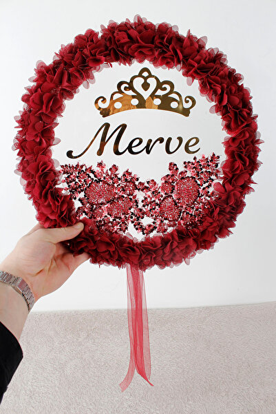 Mortex Bordo Vip Aplik ve Çiçek Süsleme LED’li Şeffaf Gelin Tefi 32 cm Kına D...