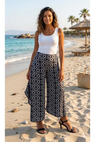 520CK Women's Black and White Geometric Patterned Ruffled Wide Leg Pants / Bohemian Pants