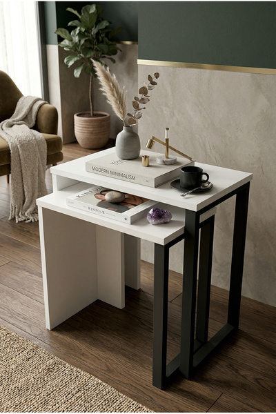 Robin Home Lidya 2'Li Zigon Sehpa Yan Sehpa Metal Ayaklı Beyaz