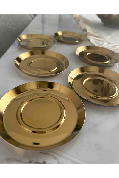 Elzemm store PASLANMAZ ÇELİK GOLD YUVARLAK 6 ADET ÇAY TABAĞI BARDAK ALTLIĞI