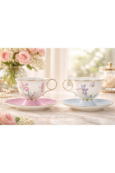 esdekor Lilyum 2'li Porselen Çay Fincan Set 250cc Çiçek Kelebek Desenli Butik...