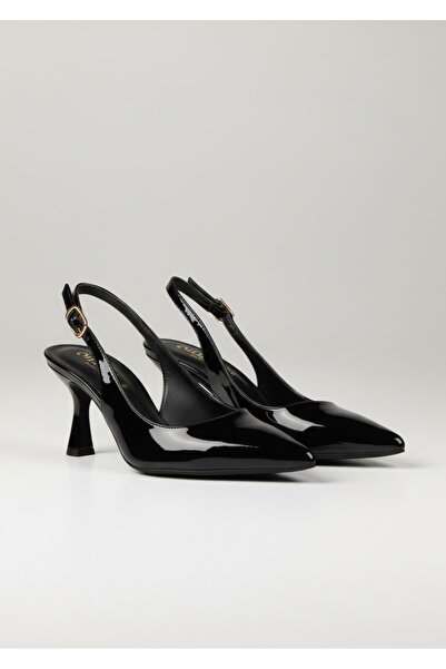 ALFHA Kadın Siyah Rugan Topuklu Ayakkabı Slingback Sivri Burun Orta Topuk Gün...