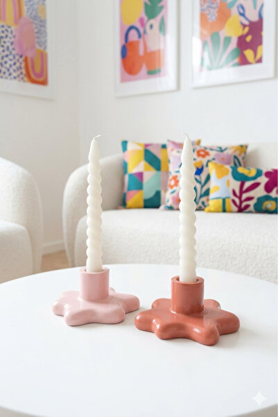 Minic Store 2'li Blob Şamdan ve Spiral Mumlar - 4 Parça Set - Pembe