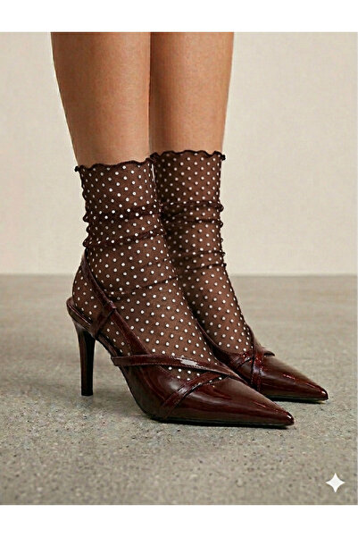 DİLARRA Boutique Küçük Beyaz Puantiyeli Kahverengi Tül Çorap