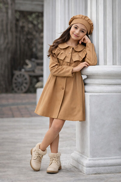 ELAFOR Kız Çocuk Fırfırlı Mevsimlik Bereli Su Geçirmez Trençkot/Mont/Ceket/Ya...