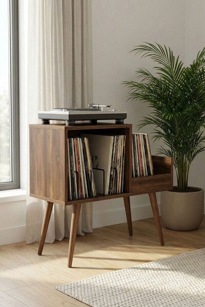 DEQQU Pera 44x78cm Ahşap Retro Pikap Sehpası, Metal Raflı Plak Organizer, Pla...