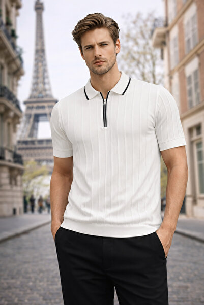 PLUS BARKOD Erkek Slim Fit Fermuarlı Polo Yaka Çizgili Esnek Triko Tişört Pre...