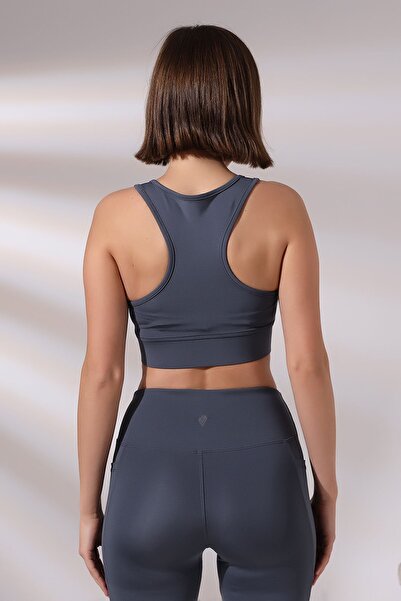 EMFURE Füme Pedli Fermuarlı Spor Büstiyer - Sports Bra / Crop Destekli Spor Sütyeni