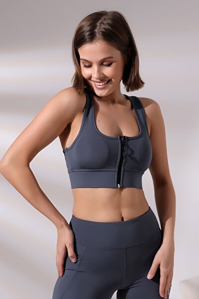 EMFURE Füme Pedli Fermuarlı Spor Büstiyer - Sports Bra / Crop Destekli Spor Sütyeni