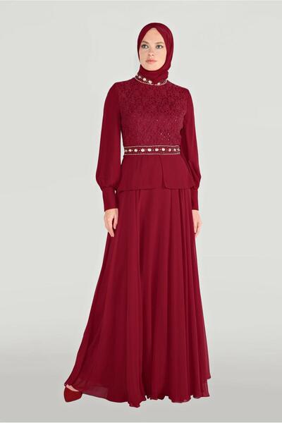 TRENDTESETTÜR KADIN BORDO (A.BORDO) TAŞLI PUL PAYETLİ ABİYE ELBİSE 5948